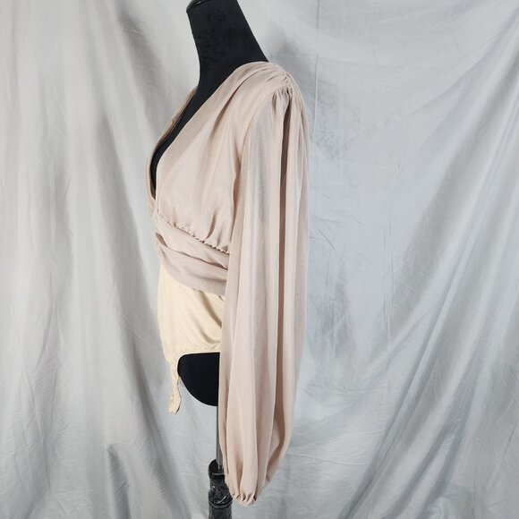 PRETTYLITTLETHING Size 12 Deep Plunge Ruched Long‎ Sleeve Mesh Snap Bodysuit - Picture 3 of 12